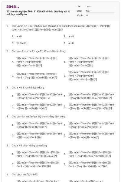 33 câu trắc nghiệm Toán 11 Kết nối tri thức Lũy thùy với số mũ thực có đáp án