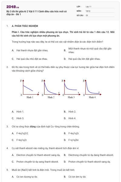 Bộ 3 đề thi giữa kì 2 Vật lí 11 Cánh diều cấu trúc mới có đáp án - Đề 1