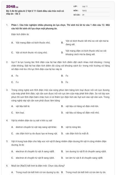 Bộ 3 đề thi giữa kì 2 Vật lí 11 Cánh diều cấu trúc mới có đáp án - Đề 3