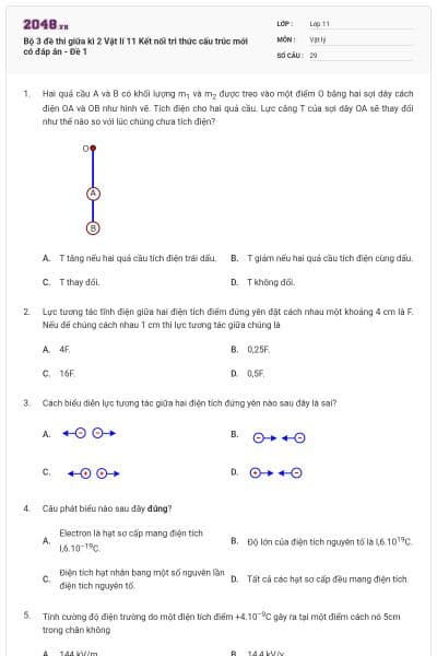 Bộ 3 đề thi giữa kì 2 Vật lí 11 Kết nối tri thức cấu trúc mới có đáp án - Đề 1