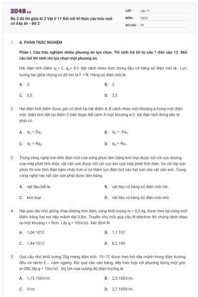 Bộ 3 đề thi giữa kì 2 Vật lí 11 Kết nối tri thức cấu trúc mới có đáp án - Đề 2