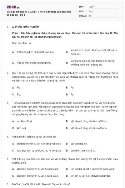 Bộ 3 đề thi giữa kì 2 Vật lí 11 Kết nối tri thức cấu trúc mới có đáp án - Đề 3