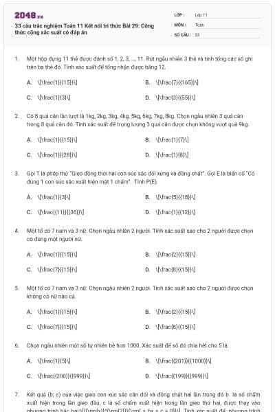 33 câu trắc nghiệm Toán 11 Kết nối tri thức Bài 29: Công thức cộng xác suất có đáp án