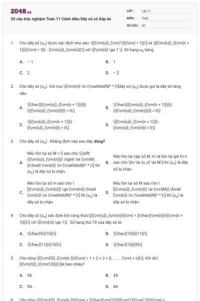 20 câu trắc nghiệm Toán 11 Cánh diều Dãy số có đáp án