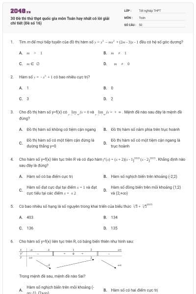 30 Đề thi thử thpt quốc gia môn Toán hay nhất có lời giải chi tiết (Đề số 16)