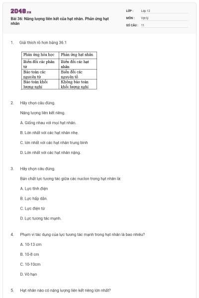 Bài 36: Năng lượng liên kết của hạt nhân. Phản ứng hạt nhân