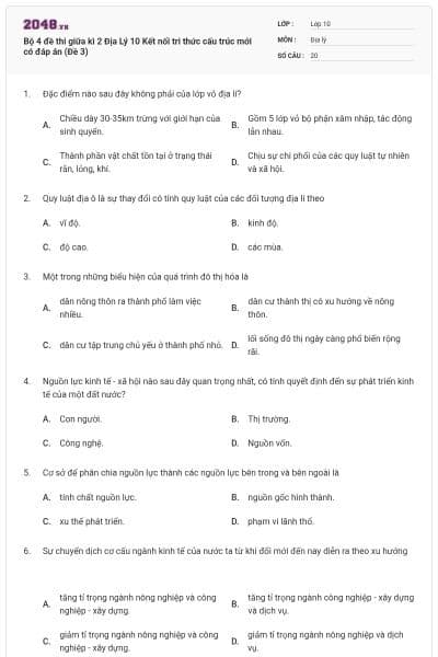Bộ 4 đề thi giữa kì 2 Địa Lý 10 Kết nối tri thức cấu trúc mới có đáp án (Đề 3)
