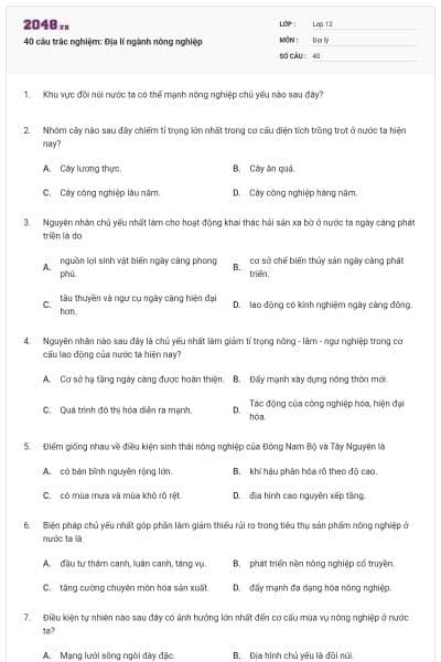 40 câu trắc nghiệm: Địa lí ngành nông nghiệp