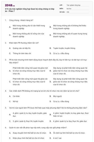 615 câu trắc nghiệm tổng hợp Quan hệ công chúng có đáp án - Phần 7