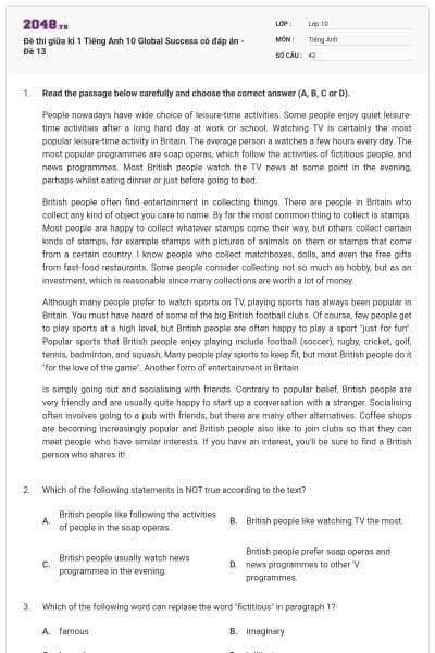 Đề thi giữa kì 1 Tiếng Anh 10 Global Success có đáp án - Đề 13