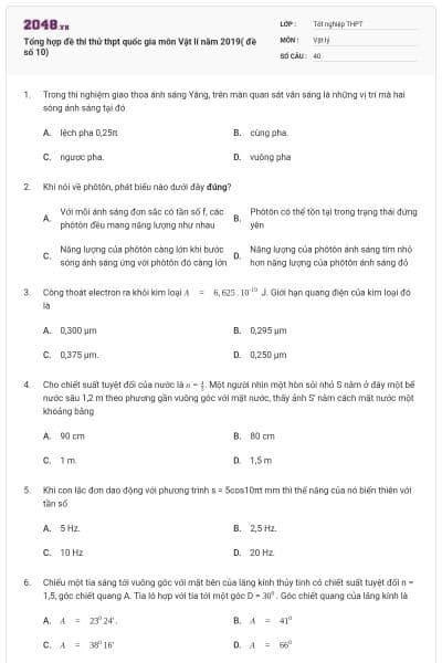 Tổng hợp đề thi thử thpt quốc gia môn Vật lí năm 2019( đề số 10)