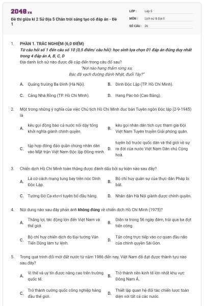 Đề thi giữa kì 2 Sử Địa 5 Chân trời sáng tạo có đáp án - Đề 1