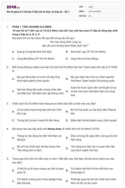 Đề thi giữa kì 2 Sử Địa 5 Kết nối tri thức có đáp án - Đề 1