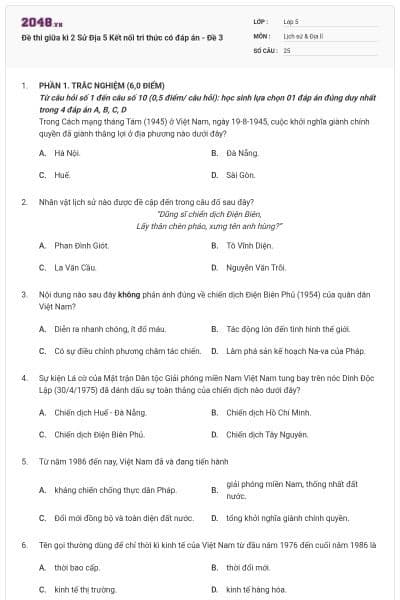 Đề thi giữa kì 2 Sử Địa 5 Kết nối tri thức có đáp án - Đề 3