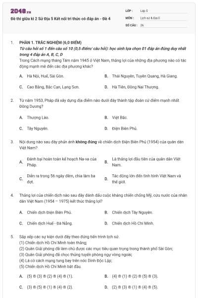 Đề thi giữa kì 2 Sử Địa 5 Kết nối tri thức có đáp án - Đề 4