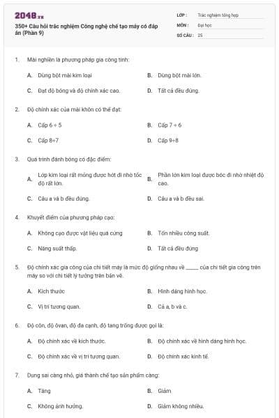 350+ Câu hỏi trắc nghiệm Công nghệ chế tạo máy có đáp án (Phần 9)