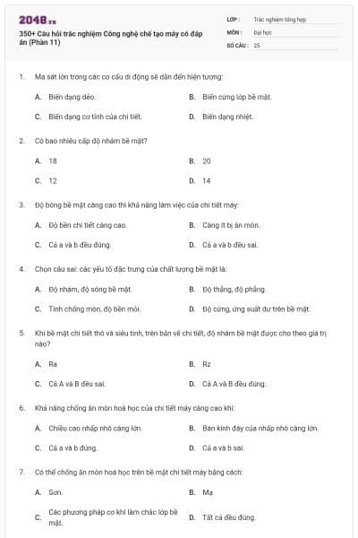 350+ Câu hỏi trắc nghiệm Công nghệ chế tạo máy có đáp án (Phần 11)