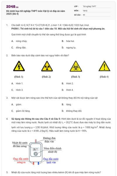 Đề minh họa tốt nghiệp THPT môn Vật lý có đáp án năm 2025 (Đề 4)
