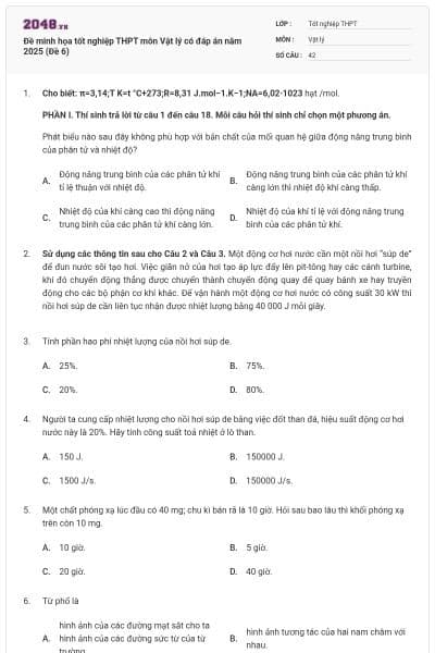 Đề minh họa tốt nghiệp THPT môn Vật lý có đáp án năm 2025 (Đề 6)