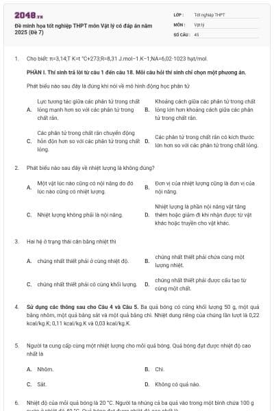 Đề minh họa tốt nghiệp THPT môn Vật lý có đáp án năm 2025 (Đề 7)