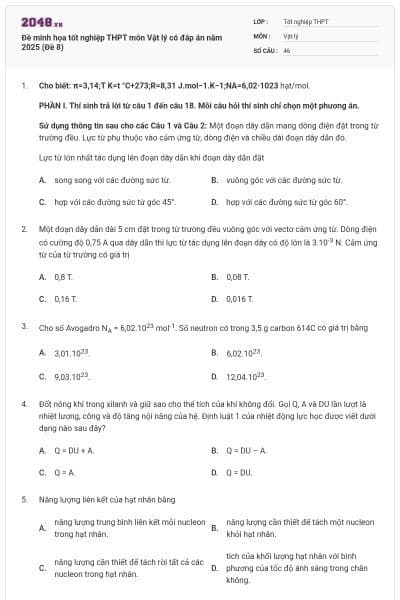 Đề minh họa tốt nghiệp THPT môn Vật lý có đáp án năm 2025 (Đề 8)