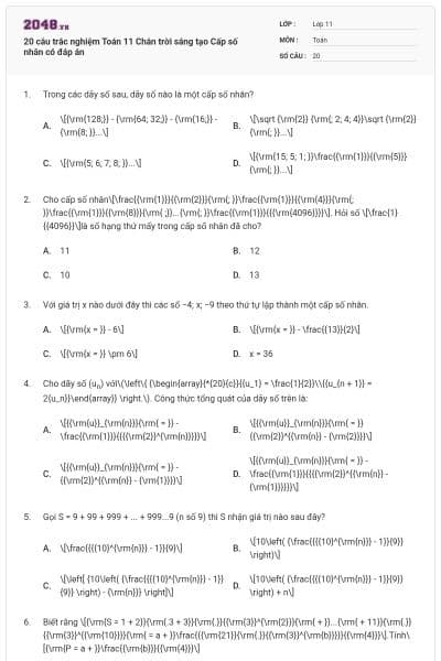 20 câu trắc nghiệm Toán 11 Chân trời sáng tạo Cấp số nhân có đáp án
