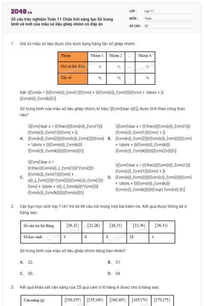 20 câu trắc nghiệm Toán 11 Chân trời sáng tạo Số trung bình và mốt của mẫu số liệu ghép nhóm có đáp án