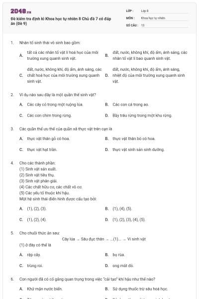 Đề kiểm tra định kì Khoa học tự nhiên 8 Chủ đề 7 có đáp án (Đề 9)