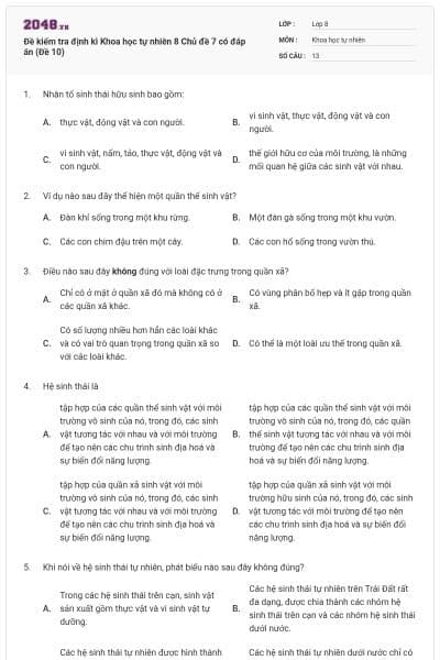 Đề kiểm tra định kì Khoa học tự nhiên 8 Chủ đề 7 có đáp án (Đề 10)