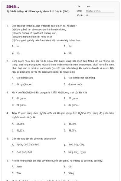Bộ 10 đề thi học kì 1 Khoa học tự nhiên 8 có đáp án (Đề 2)
