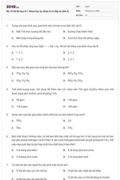 Bộ 10 đề thi học kì 1 Khoa học tự nhiên 8 có đáp án (Đề 4)