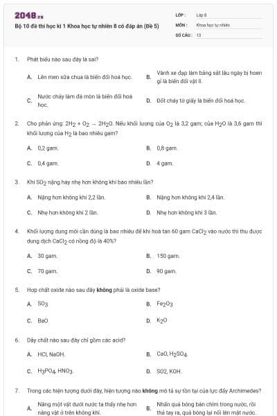 Bộ 10 đề thi học kì 1 Khoa học tự nhiên 8 có đáp án (Đề 5)