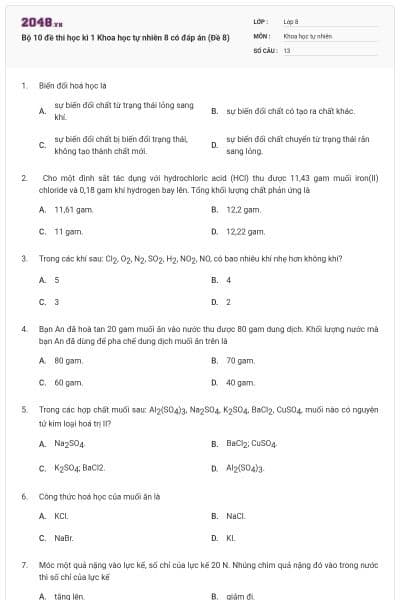 Bộ 10 đề thi học kì 1 Khoa học tự nhiên 8 có đáp án (Đề 8)