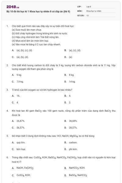 Bộ 10 đề thi học kì 1 Khoa học tự nhiên 8 có đáp án (Đề 9)