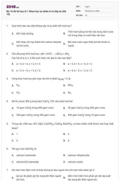 Bộ 10 đề thi học kì 1 Khoa học tự nhiên 8 có đáp án (Đề 10)