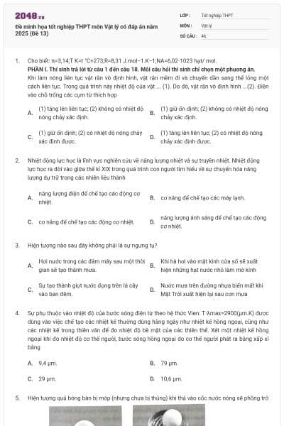 Đề minh họa tốt nghiệp THPT môn Vật lý có đáp án năm 2025 (Đề 13)