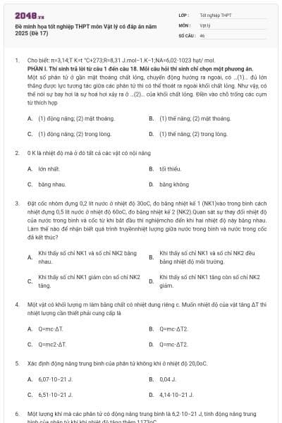 Đề minh họa tốt nghiệp THPT môn Vật lý có đáp án năm 2025 (Đề 17)