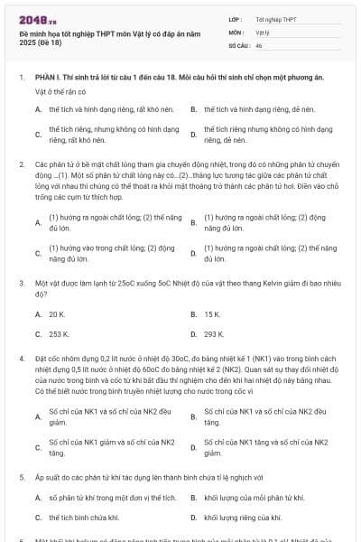 Đề minh họa tốt nghiệp THPT môn Vật lý có đáp án năm 2025 (Đề 18)