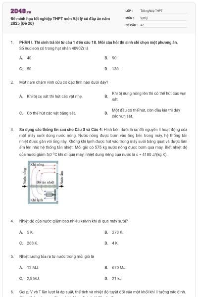 Đề minh họa tốt nghiệp THPT môn Vật lý có đáp án năm 2025 (Đề 20)