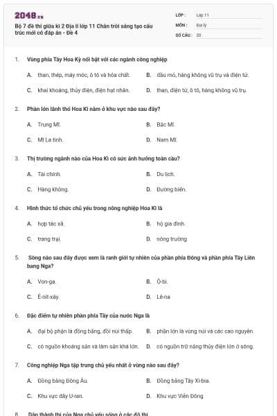 Bộ 7 đề thi giữa kì 2 Địa lí lớp 11 Chân trời sáng tạo cấu trúc mới có đáp án - Đề 4