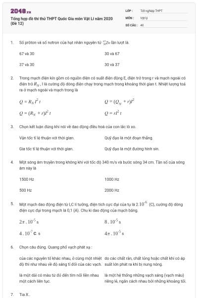 Tổng hợp đề thi thử THPT Quốc Gia môn Vật Lí năm 2020 (Đề 12)