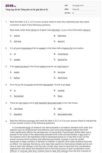 Tổng hợp đề thi Tiếng Anh có lời giải (Đề số 5)