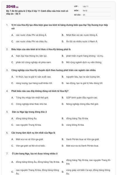 Bộ 7 đề thi giữa kì 2 Địa lí lớp 11 Cánh diều cấu trúc mới có đáp án - Đề 4