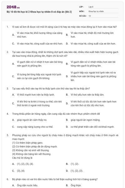 Bộ 10 đề thi học kì 2 Khoa học tự nhiên 8 có đáp án (Đề 2)