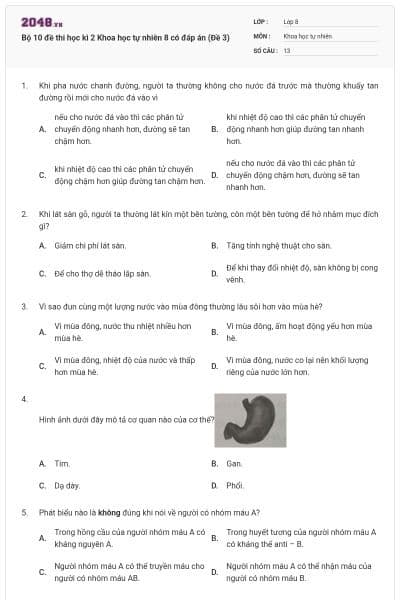 Bộ 10 đề thi học kì 2 Khoa học tự nhiên 8 có đáp án (Đề 3)