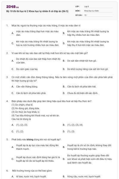 Bộ 10 đề thi học kì 2 Khoa học tự nhiên 8 có đáp án (Đề 5)