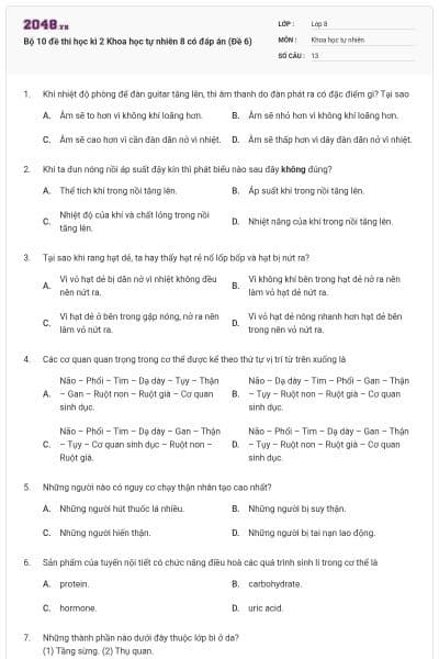 Bộ 10 đề thi học kì 2 Khoa học tự nhiên 8 có đáp án (Đề 6)