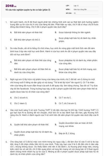 93 câu trắc nghiệm quyền tự do cơ bản (phần 3)