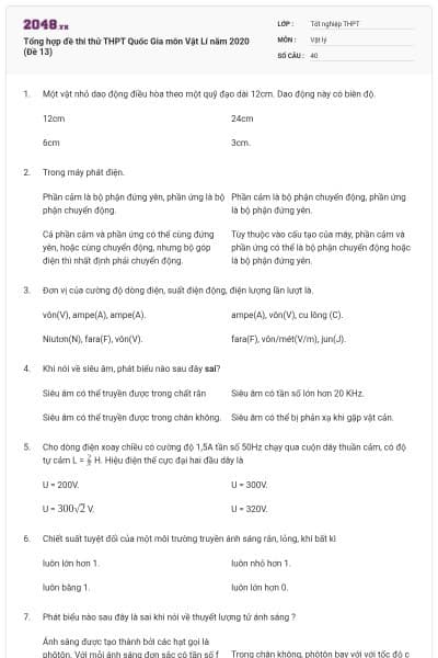 Tổng hợp đề thi thử THPT Quốc Gia môn Vật Lí năm 2020 (Đề 13)