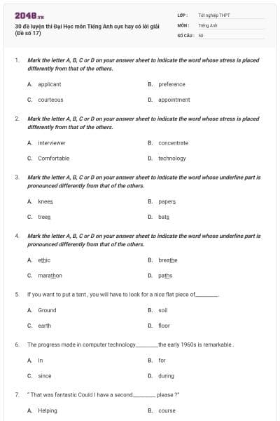 30 đề luyện thi Đại Học môn Tiếng Anh cực hay có lời giải (Đề số 17)